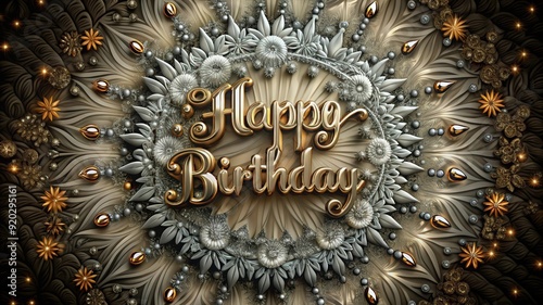 3D Golden Happy Birthday Greeting with Silver Floral Ornament