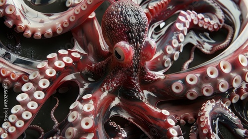 An octopus with vivid tentacles rests against rocks, showcasing its intricate patterns and colors in the fading light