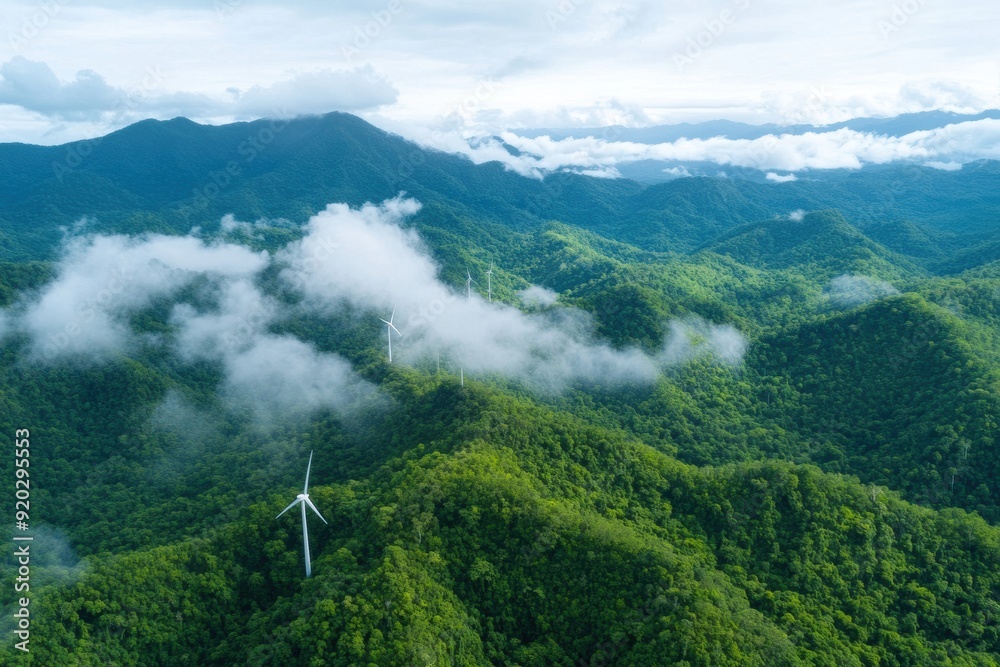 A lush forest restoration with wind turbines installed on a mountain ridge emphasizes the harmony between environmental conservation, renewable energy, and ecological restoration. A lush forest restoration with wind turbines installed on a mountain ridge emphasizes the harmony between environmental conservation, renewable energy, and ecological restoration.