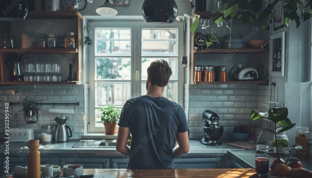 A person stands in a bright kitchen, preparing a meal while gazing out the window in the morning A person stands in a bright kitchen, preparing a meal while gazing out the window in the morning