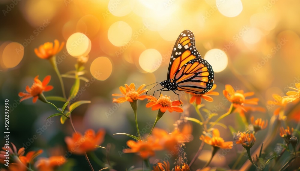 Monarch butterfly resting on orange flowers during a golden sunset in a vibrant garden Monarch butterfly resting on orange flowers during a golden sunset in a vibrant garden