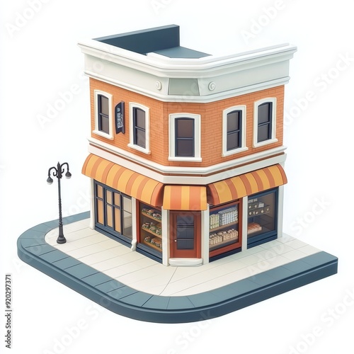 3D Render of a quaint corner store with a vintage façade and display windows
