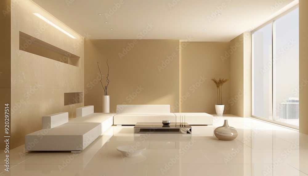 Modern minimalist living room with large windows and neutral tones during daytime