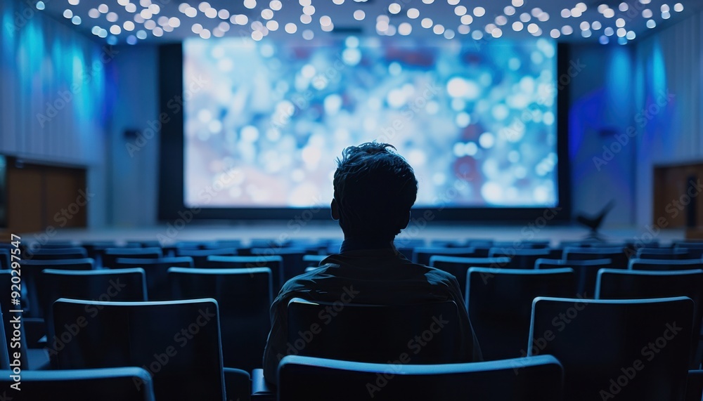 A lone viewer enjoying a film in a dark cinema with twinkling ceiling lights A lone viewer enjoying a film in a dark cinema with twinkling ceiling lights