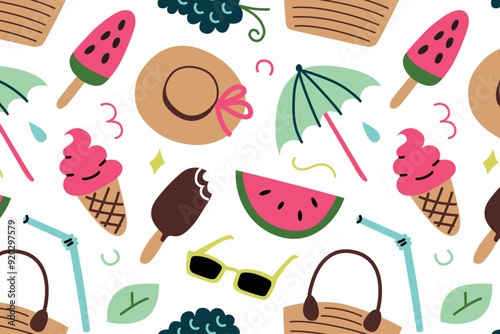 Seamless summer vector illustration pattern. Ice cream, watermelon, hat, umbrella, beach items. Bright, colorful, flat, cartoon style. Ideal for vacation, picnic, and summer-themed designs