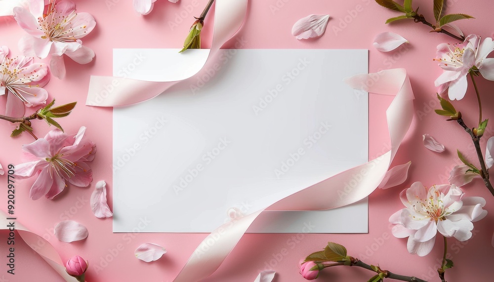 Blank stationery surrounded by cherry blossoms and ribbons on a soft pink background Blank stationery surrounded by cherry blossoms and ribbons on a soft pink background