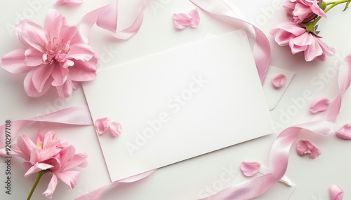 Blank stationery surrounded by pink flowers and ribbons on a white surface