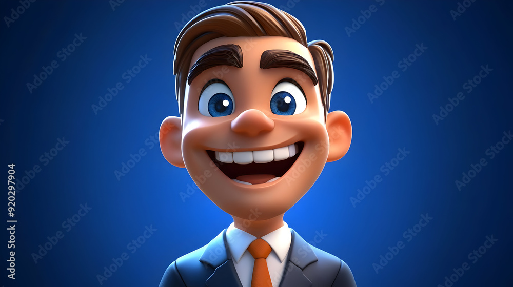 A cheerful cartoon character in a suit with a bright smile against a blue background. A cheerful cartoon character in a suit with a bright smile against a blue background.