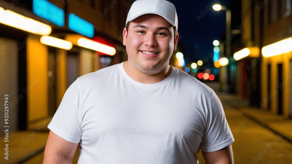 Plus size young man wearing white t-shirt and white baseball cap standing in a city alley at night Plus size young man wearing white t-shirt and white baseball cap standing in a city alley at night