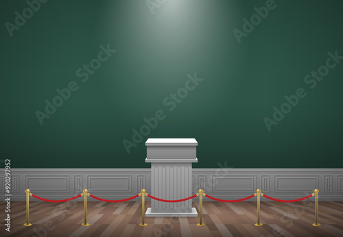 classic museum gallery interior with podium pedestal and rope barrier mock up vector illustration 