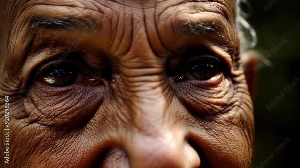 Close up of elderly woman with deep wrinkles, showing beauty of aging. Lines on skin tell story of wisdom and experience, reflecting well lived life Close up of elderly woman with deep wrinkles, showing beauty of aging. Lines on skin tell story of wisdom and experience, reflecting well lived life
