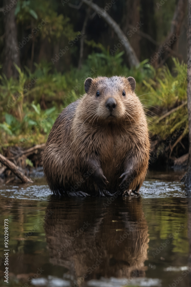 Obraz premium Curious Beaver in Shallow Water