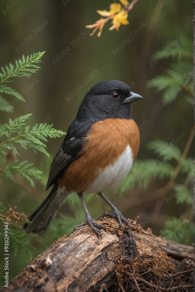 Colorful Eastern Towhee Perched on a Log in Nature Colorful Eastern Towhee Perched on a Log in Nature