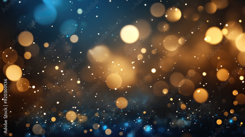 Obraz premium Abstract blue and gold light bokeh background with glow effect, night lights and stars for luxury christmas or new year celebration concept design