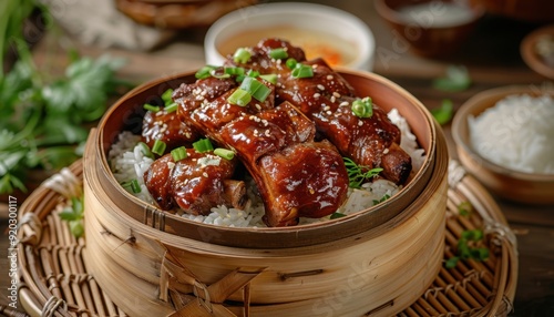 Succulent glazed chicken served on rice in a bamboo steamer with garnishes