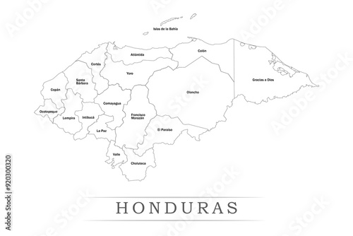 Administrative regions of HONDURAS. Province, state, division name with white map with black outline. Vector illustration	