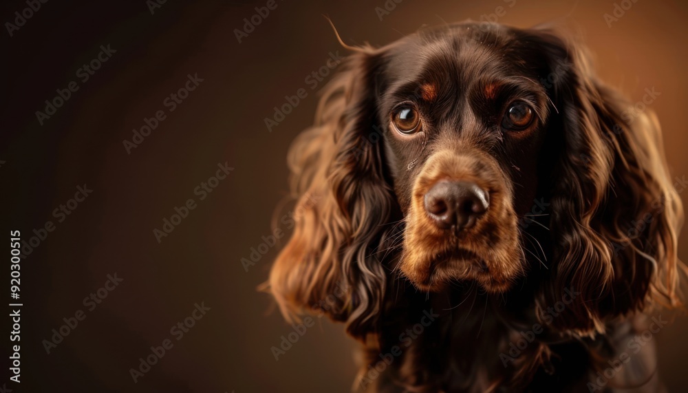 Brown furry dog with expressive eyes sitting against a blurred dark background Brown furry dog with expressive eyes sitting against a blurred dark background