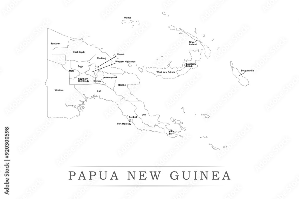 Administrative regions of PAPUA NEW GUINEA. Province, state, division name with white map with black outline. Vector illustration Administrative regions of PAPUA NEW GUINEA. Province, state, division name with white map with black outline. Vector illustration