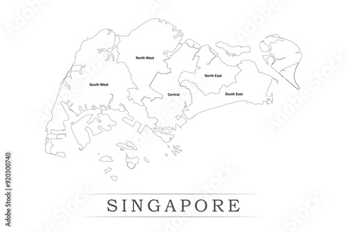 Administrative regions of SINGAPORE. Province, state, division name with white map with black outline. Vector illustration	