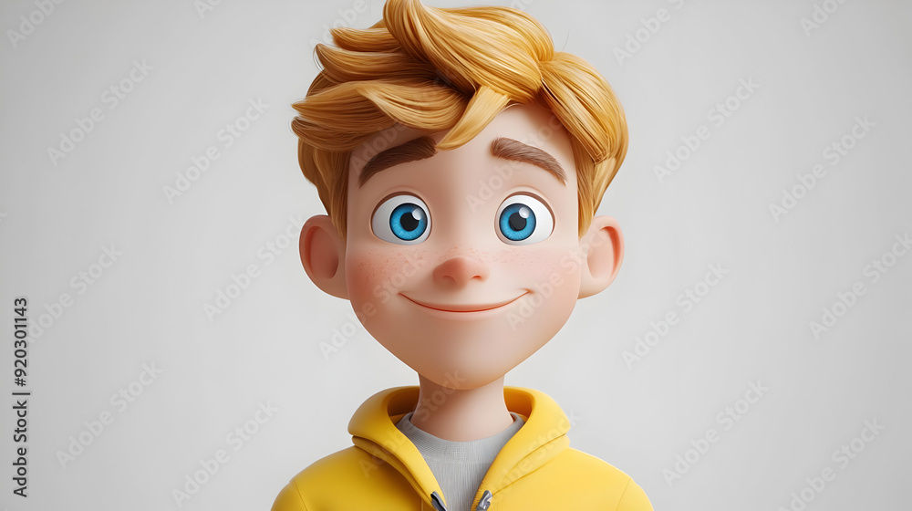 A cheerful animated boy with blonde hair and blue eyes, wearing a yellow hoodie. A cheerful animated boy with blonde hair and blue eyes, wearing a yellow hoodie.