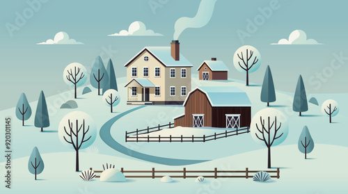 Cozy Winter House in Snowy Landscape Illustration