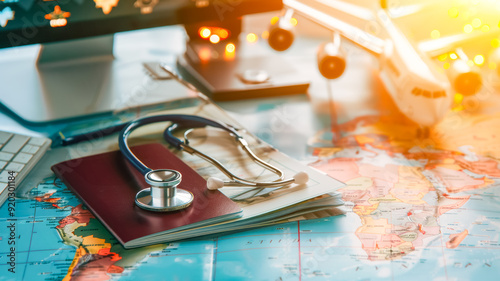 Medical travel concept with stethoscope, passport, and map. Healthcare and tourism symbolizing journey and adventure for medical purposes.