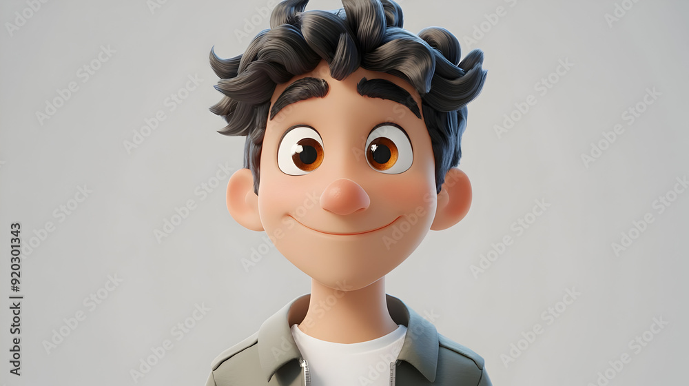 A cheerful animated character with curly hair and a friendly expression.