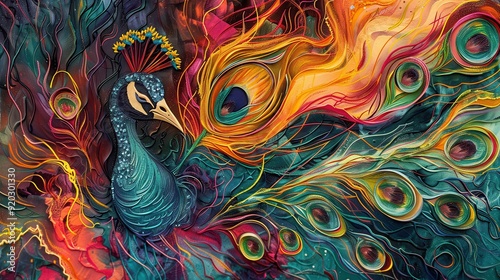 A peacock showcases its striking feathers in vivid colors amidst a swirling artistic background