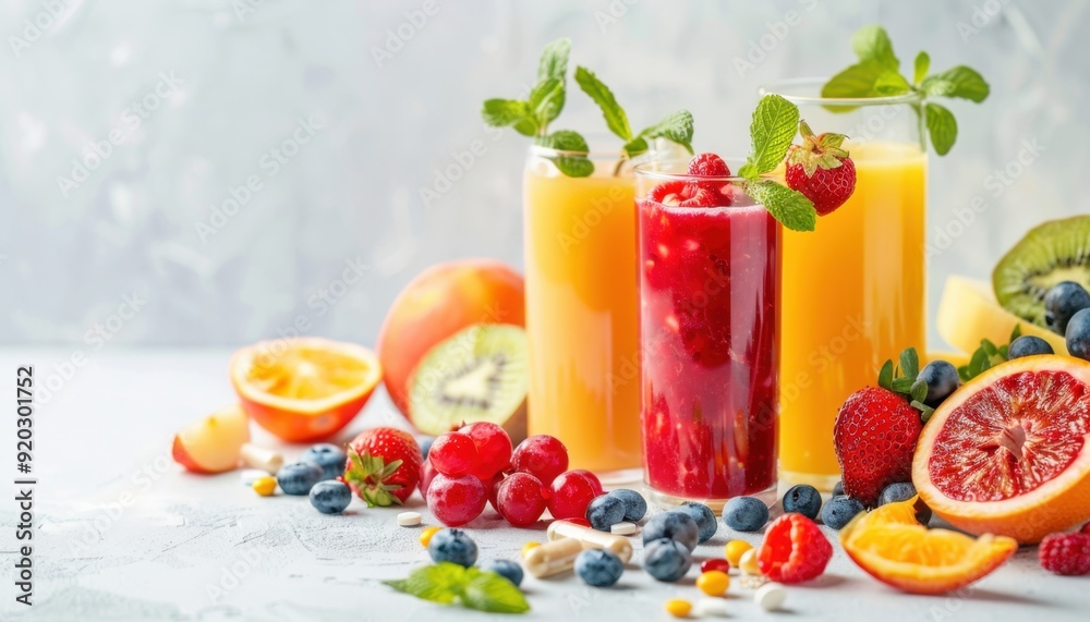 Freshly made fruit juices with berries and citrus on a light background Freshly made fruit juices with berries and citrus on a light background