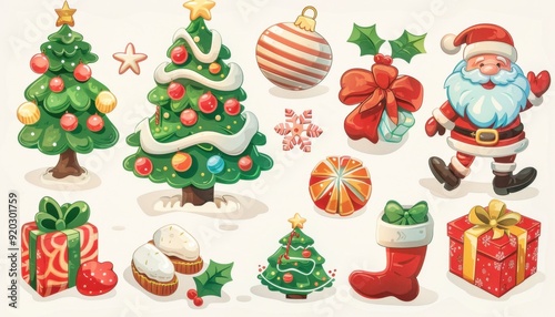 Colorful Christmas decorations featuring Santa, trees, gifts, and sweets in festive arrangement