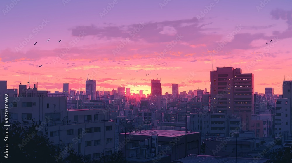 Obraz premium Anime City Rooftop at Dawn