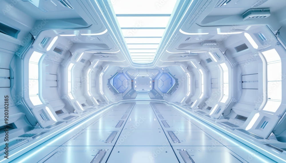 Futuristic spaceship corridor with glowing lights and sleek architecture Futuristic spaceship corridor with glowing lights and sleek architecture