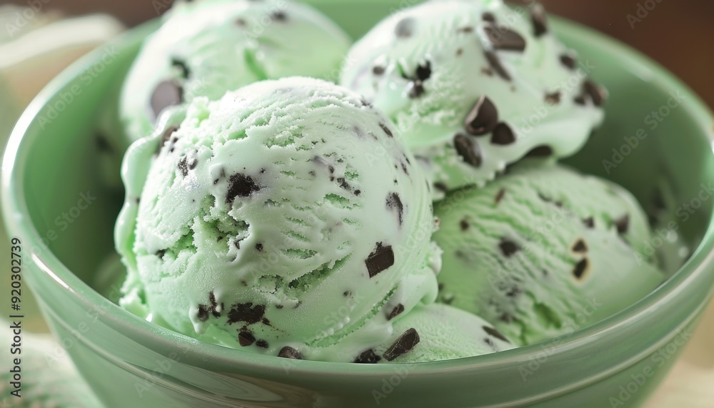 Mint chocolate chip ice cream served in a bowl on a summer afternoon Mint chocolate chip ice cream served in a bowl on a summer afternoon