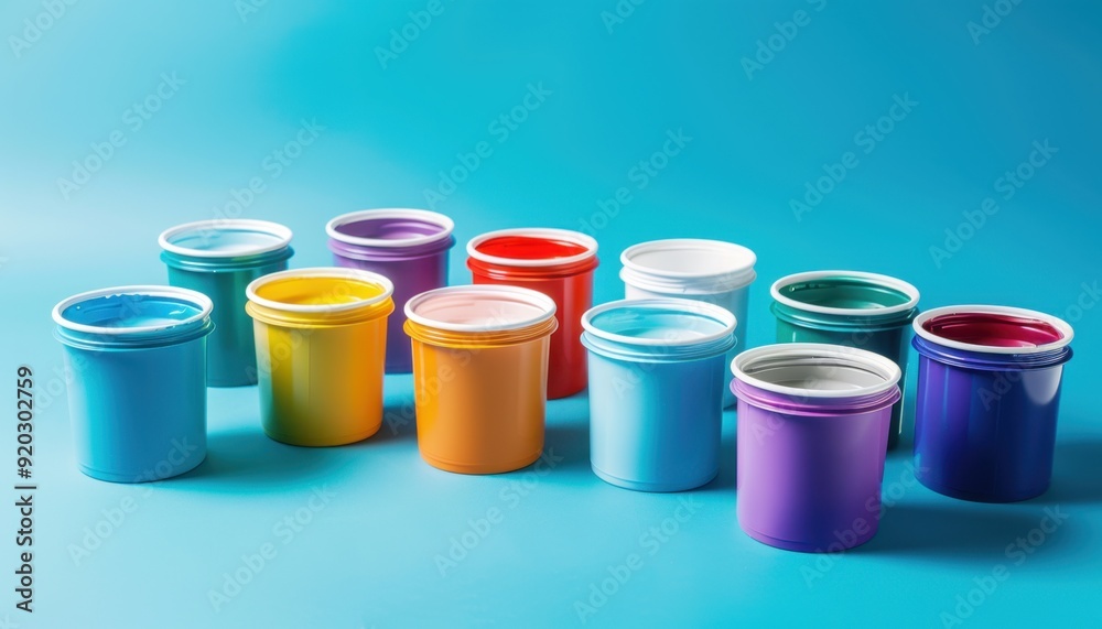 Colorful paint pots arranged on a vibrant blue background at a creative workspace Colorful paint pots arranged on a vibrant blue background at a creative workspace