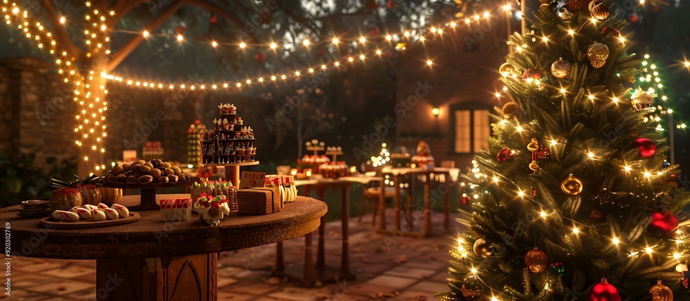 A festive outdoor holiday party with twinkling string lights, a decorated tree, and tables set with holiday-themed decor and treats, creating a warm and inviting atmosphere. A festive outdoor holiday party with twinkling string lights, a decorated tree, and tables set with holiday-themed decor and treats, creating a warm and inviting atmosphere.