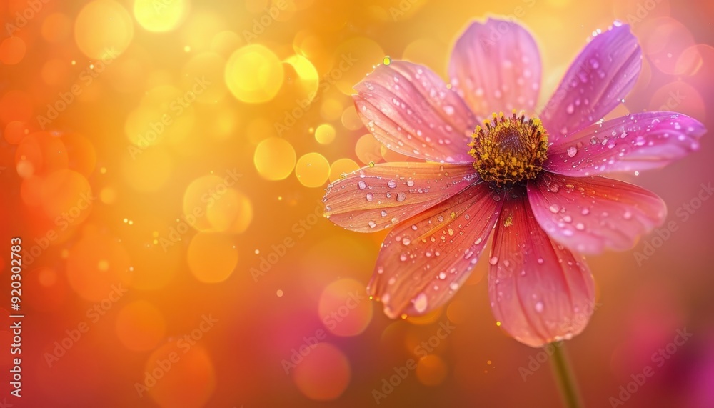 Pink flower with dew drops against a colorful blurred background during golden hour Pink flower with dew drops against a colorful blurred background during golden hour