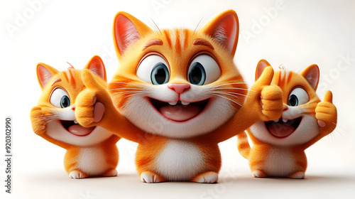 Three cheerful cartoon cats giving thumbs up, expressing joy and playfulness.