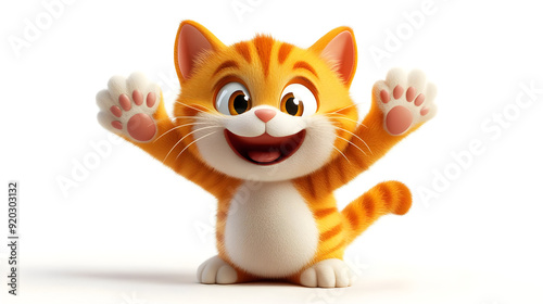 A cheerful cartoon cat with orange stripes, smiling and raising its paws in excitement.