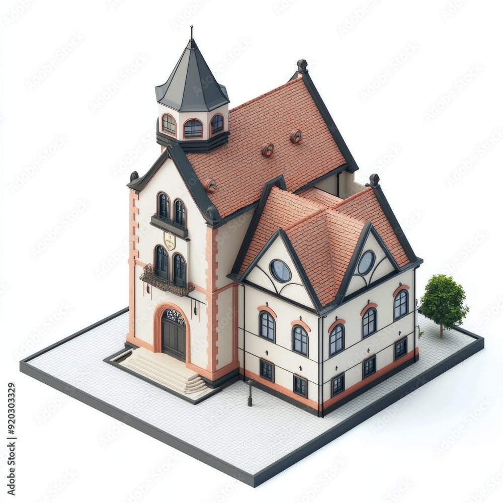 3D Render of a picturesque townhall with a quaint roofline and charming details 3D Render of a picturesque townhall with a quaint roofline and charming details