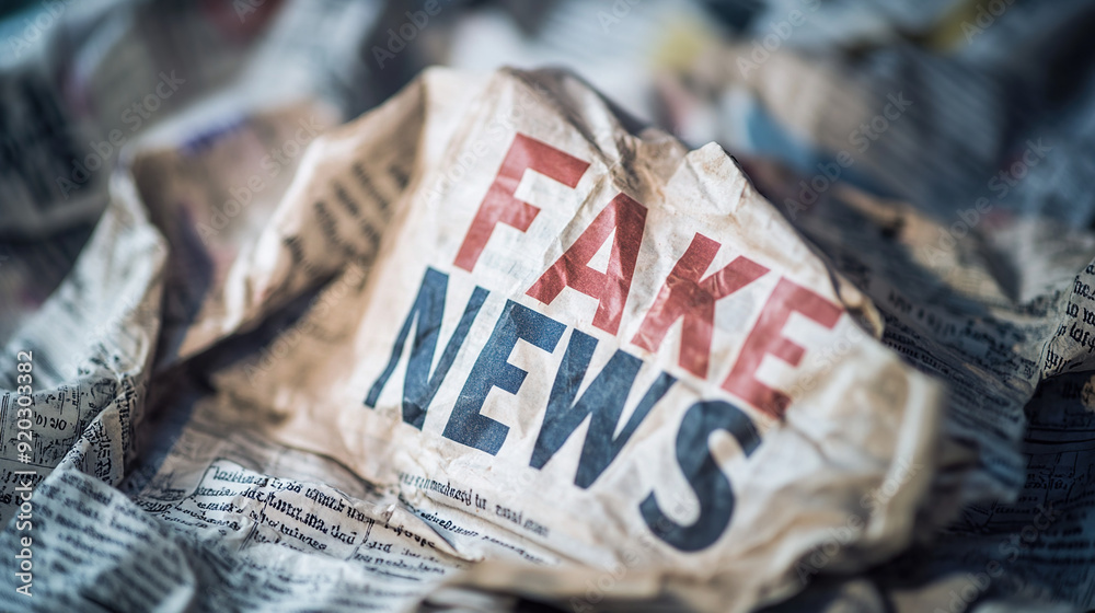 Obraz premium Crumpled newspaper with FAKE NEWS text highlighting misinformation