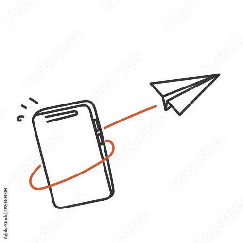 hand drawn doodle paper airplane take of and flying from mobile phone illustration