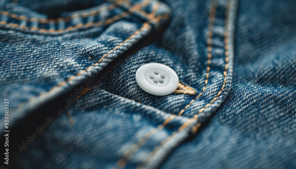 Close-up of a white button stitched onto a blue denim jacket Close-up of a white button stitched onto a blue denim jacket