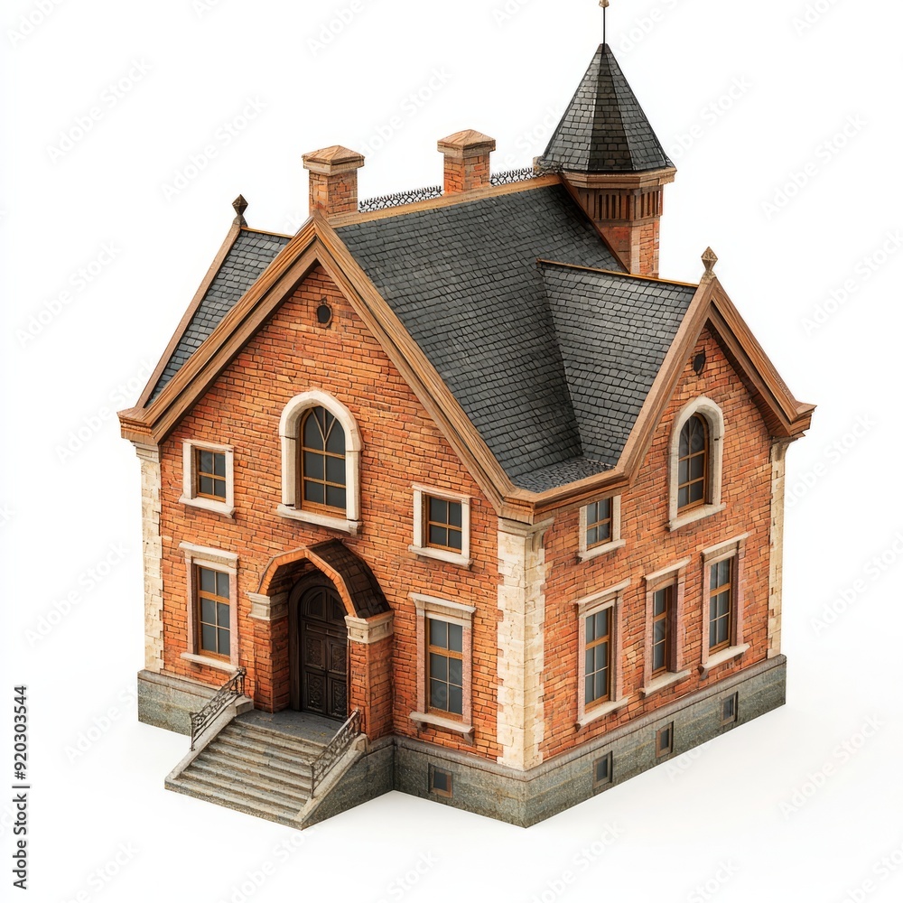 3D Render of a quaint townhall with a gabled roof and charming brickwork