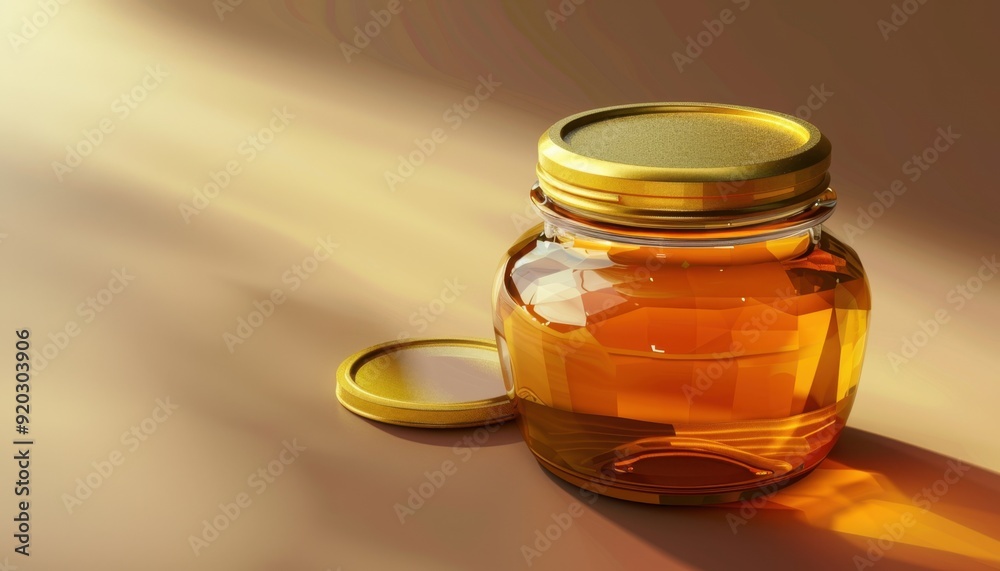 Glass jar filled with golden honey illuminated by soft sunlight on a neutral background Glass jar filled with golden honey illuminated by soft sunlight on a neutral background