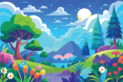 Cartoon vector design illustration of hilly forest scenery with green trees and colorful flowers and mountains with blue sky.