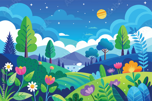 Cartoon vector design illustration of hilly forest scenery with green trees and colorful flowers and mountains with blue sky.