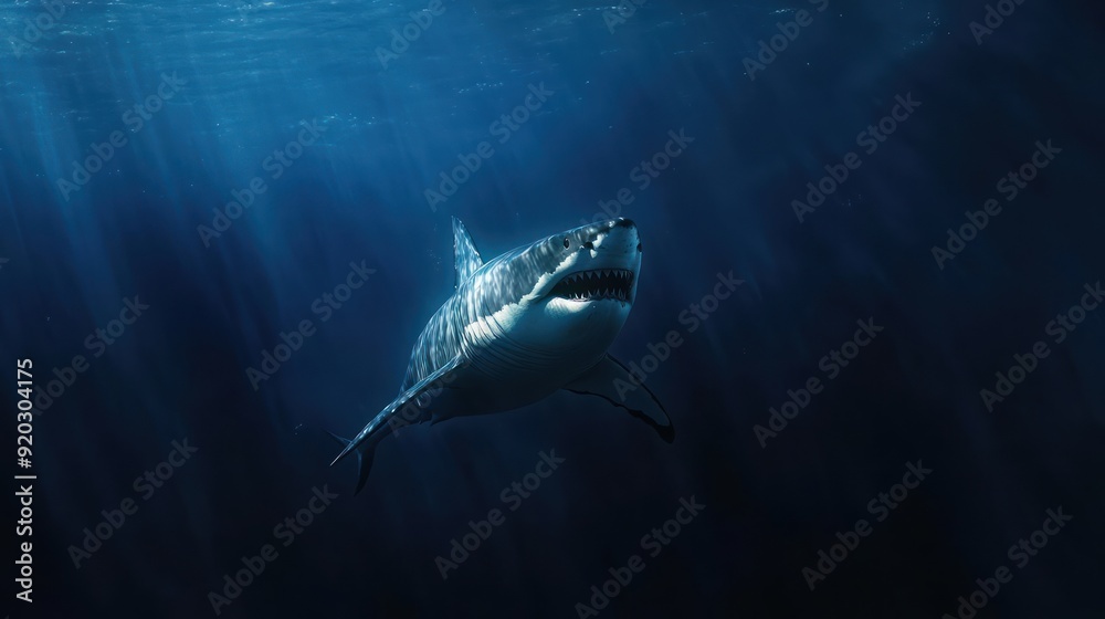 Fototapeta premium Great White Shark Swimming in Deep Blue Water