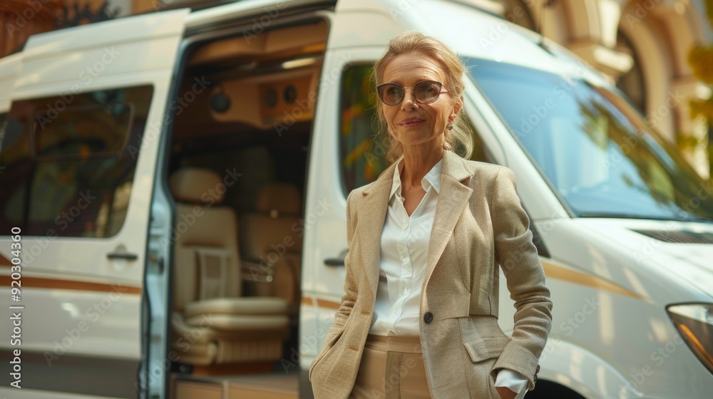 Business woman in front of mobile office. Concept of business trips and transportation Business woman in front of mobile office. Concept of business trips and transportation