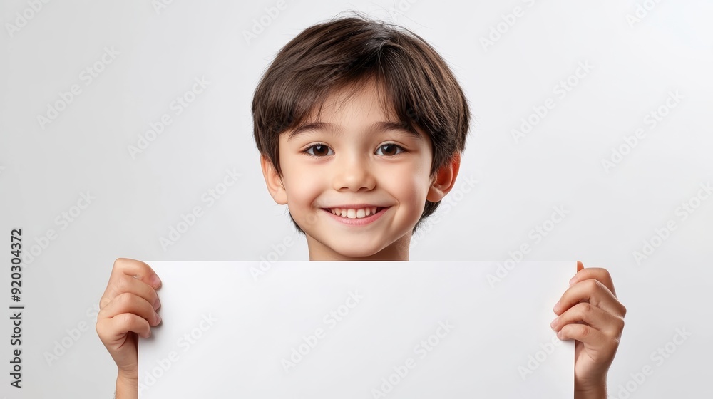 Happy Boy Holding White Panel, Smiling Hyperrealistic Portrait, Perfect for Advertising, Education or Social Media Generative AI Happy Boy Holding White Panel, Smiling Hyperrealistic Portrait, Perfect for Advertising, Education or Social Media Generative AI
