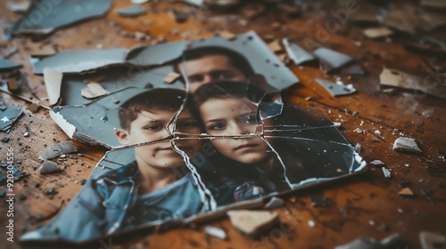 An evocative image of a broken family portrait lying on the floor, symbolizing the fractured bonds and emotional scars left by domestic violence